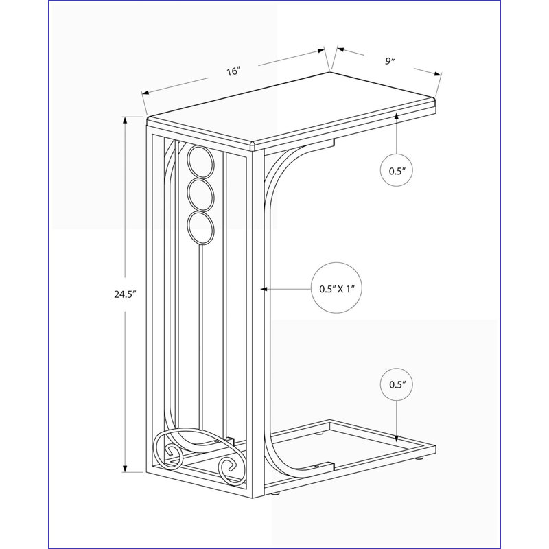 Table basse robuste en forme de C avec plateau en stratifié noir et base en métal gris pour le salon
