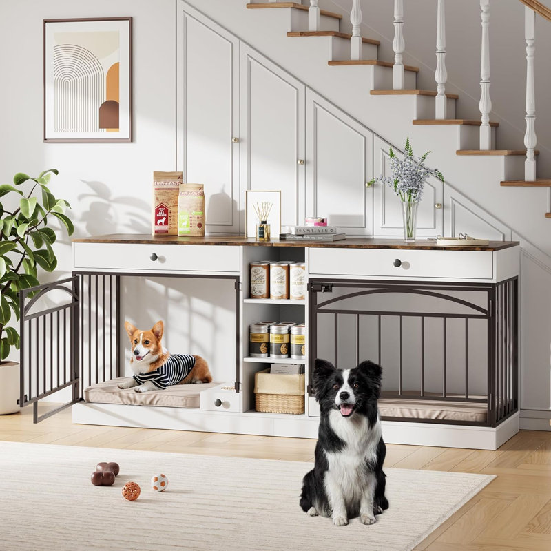 Meuble double pour cage de chien, chenil d'intérieur avec rangement et bols, meuble télé pour petits chiens de taille moyenne