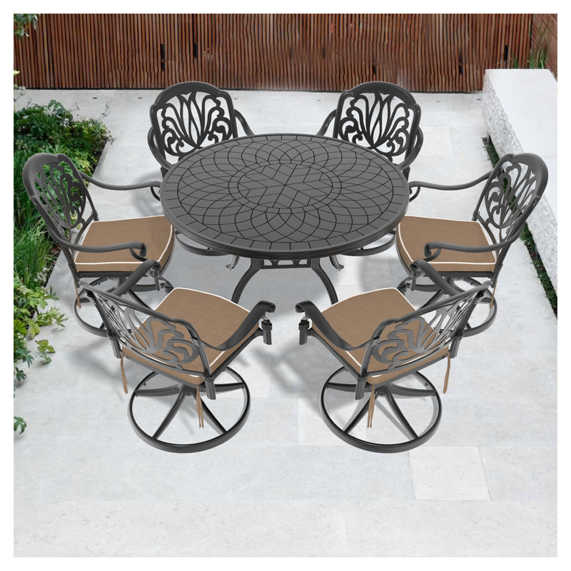 Ensemble de salle à manger 7 pièces en aluminium coulé toutes saisons avec 6 chaises pivotantes et une table, noir