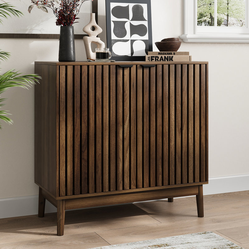 Sideboard Cabinet,Fluted Accent Cabinet with Two Doors & Shelves,Freestanding TV Stand,Coffee Bar for Living Room, Brown