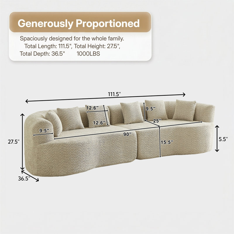Curved Modular Sofa, Features 6 Cushions, Boneless Design, Cloud-Style Comfort Sofa, Upholstered in Chenille, Deep-Seated Design, Light khaki