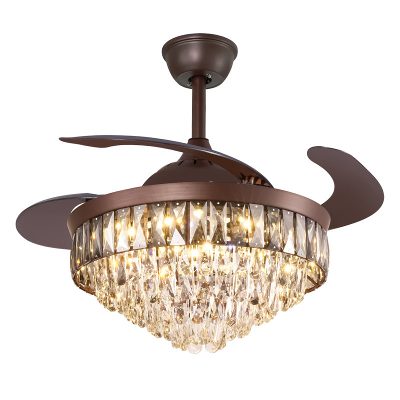 Kaelig 42" Crystal  Invisible Ceiling Fan Light with Remote Control, Retractable Fan Blades