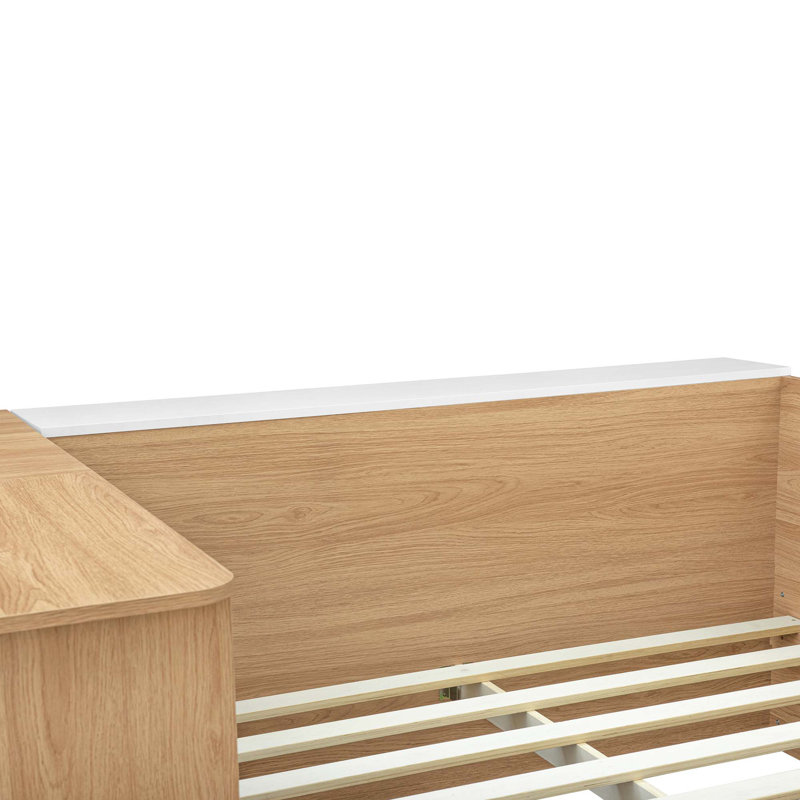 Lit plateforme double en bois avec 6 tiroirs, tablettes, bureau et garde-robe, Naturel