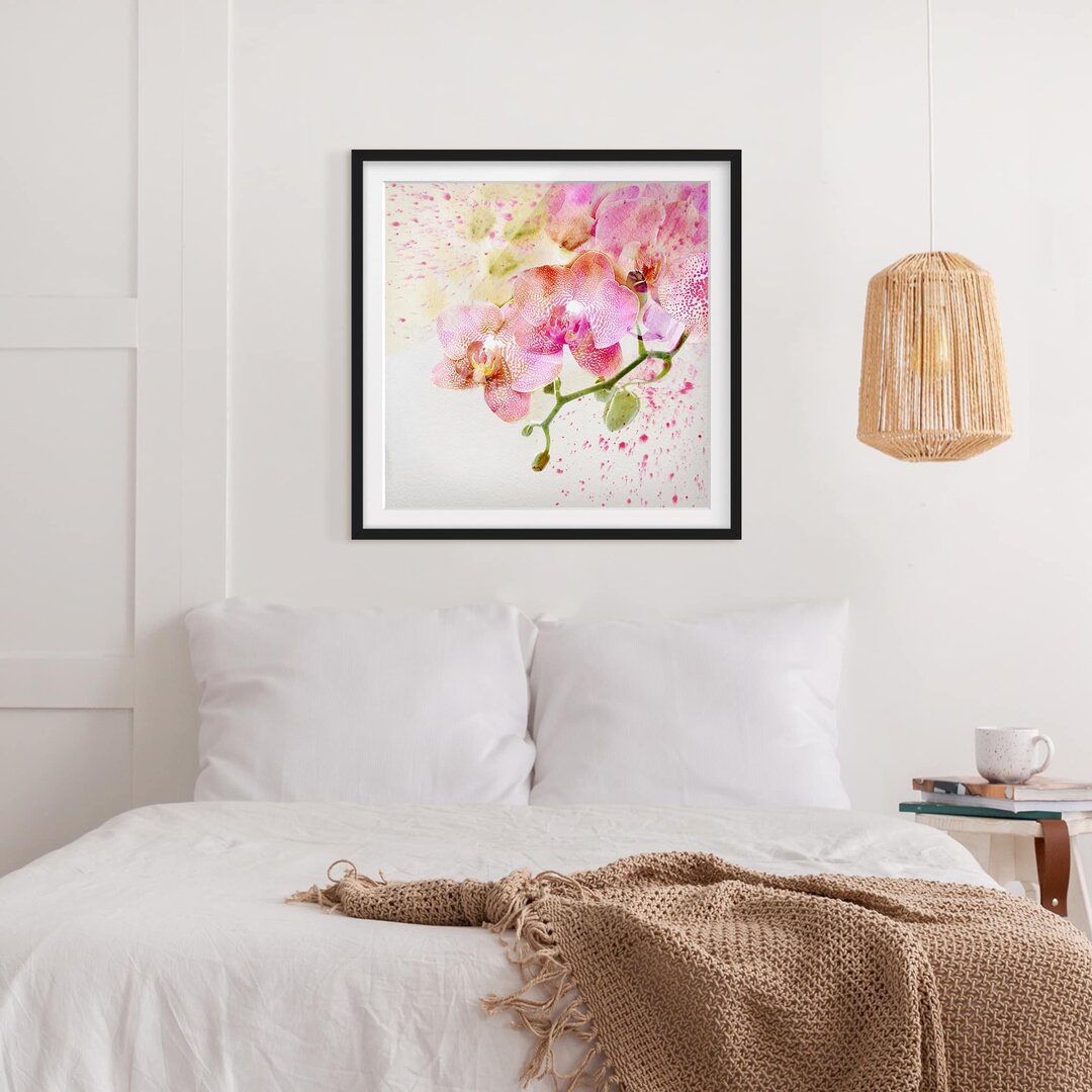 Gerahmtes Papierbild Aquarell Blumen Orchideen