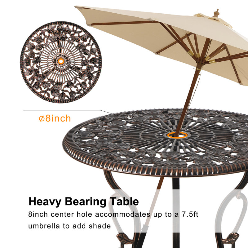 Bistro Table And Chairs Set Of 2 Outdoor 3 Piece Patio Set, Rose Pattern Cast Aluminum Bistro For Garden Balcony, Durable Rust All-weather Resistance, Rose Bronze