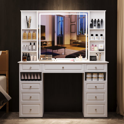 Bureau de meuble-lavabo avec miroir éclairé, grande coiffeuse de 47 po de hauteur, 9 tiroirs et miroir à DEL réglable
