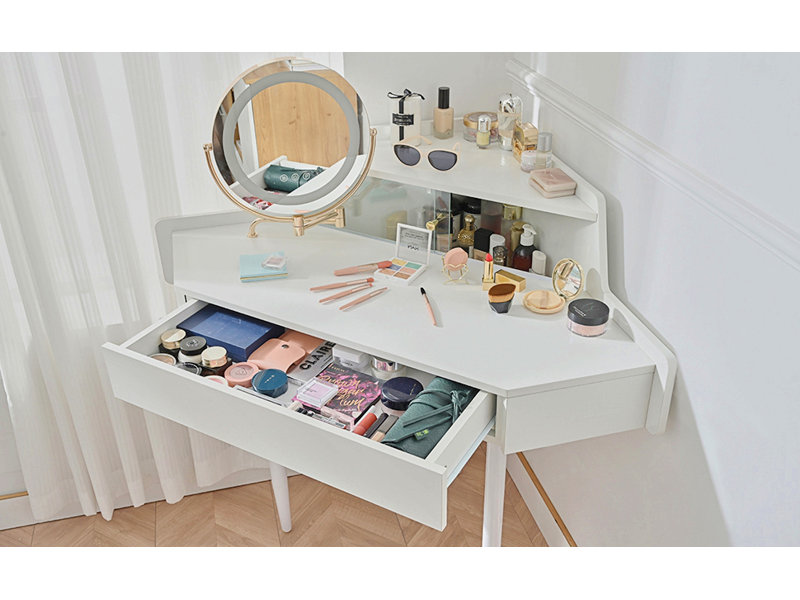 Bureau de coiffeuse de coin moderne avec grand rangement, miroir et tabouret à DEL, luminosité réglable, peu encombrant, blanc