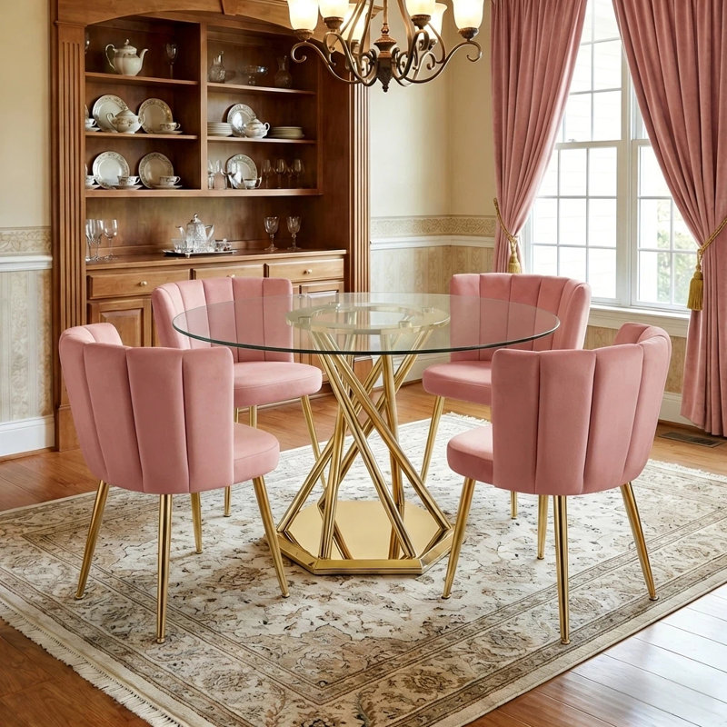 Ensemble de table de salle à manger ronde en verre 47,2 po pour 4 personnes, table de salle à manger ronde moderne avec 4 chaises rembourrées en velours, table en verre trempé avec base en acier inoxydable brillant, salle à manger, cuisine et peu d'espace
