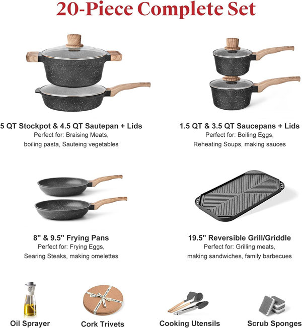Pots and Pans Set Caannasweis Kitchen Nonstick Cookware Sets Granite for  Frying and Cooking, Marble Stone Kitchen Essentials 11 Piece Set Beige  Large Size