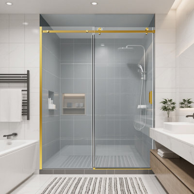 Portes de douche coulissantes simples sans cadre l 56 à 60 po x H 74 po, porte de douche coulissante pour salle de bain, porte en verre trempé Sgcc de 5/16 po (8 mm) d'épaisseur, or brossé