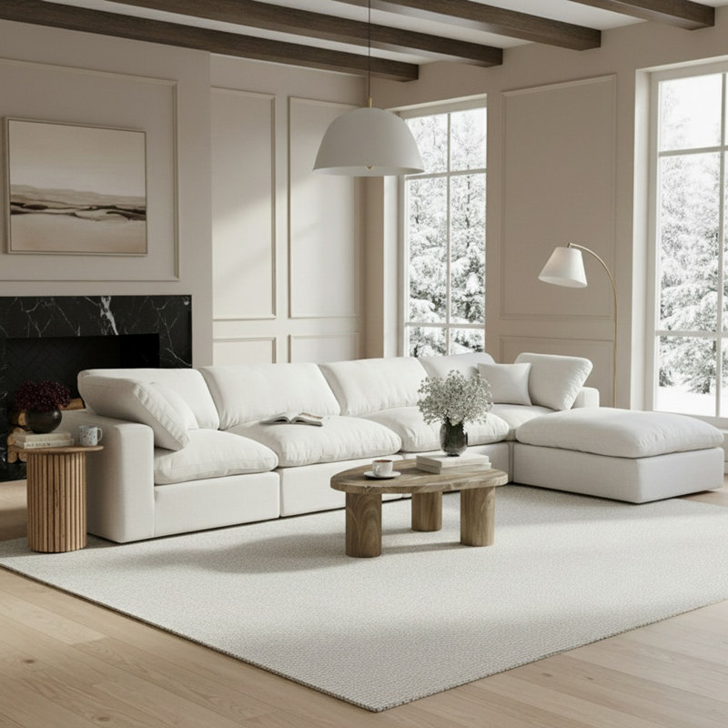 Canapé modulaire 5 pièces rembourré, Tissu texturé en lin blanc
