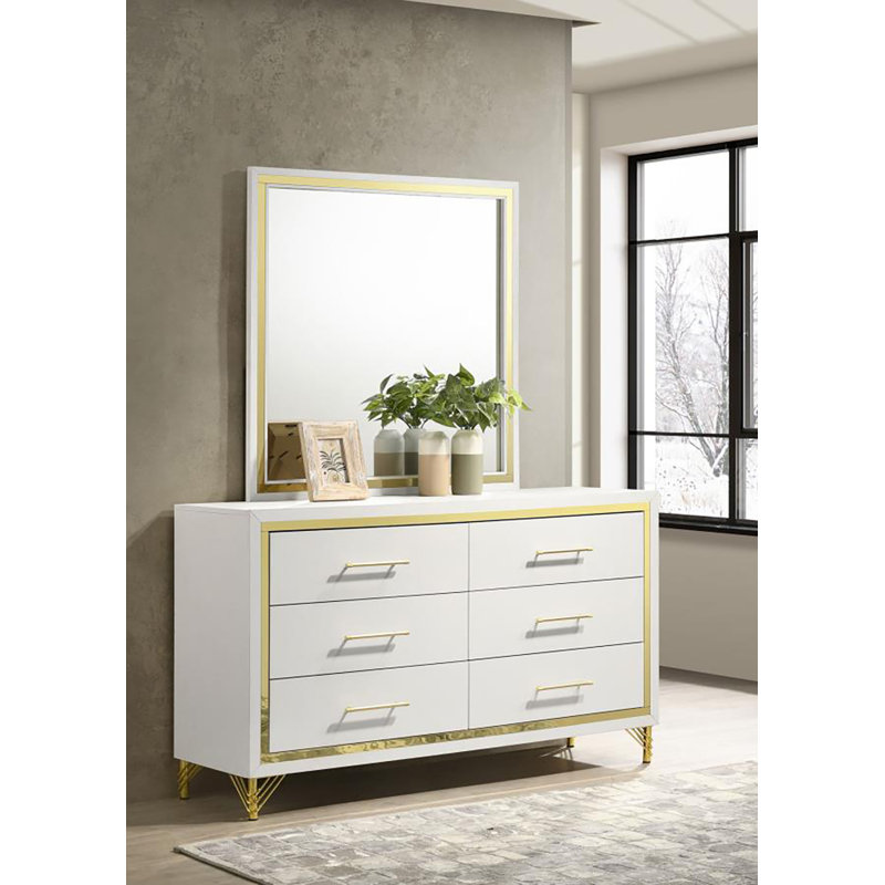 Commode 6 tiroirs avec miroir Cletus, Blanc / Doré