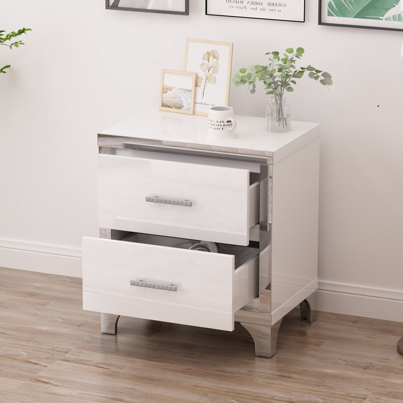 Elegant High Gloss Nightstand With Metal Handle, White