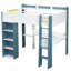 Lit mezzanine double en bois pleine grandeur avec tablettes de rangement intégrées, tringles à vêtements et bureau, blanc et bleu-577808339