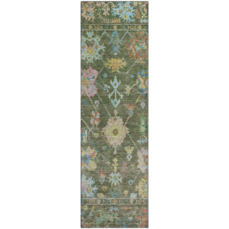 Premium Machine Washable Mayfield AMF2234 Global Rug, 2'3" x 7'6" Runner, Fern