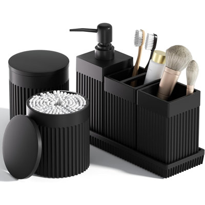 6-Piece Black Bathroom Set - Sleek Resin Organizer with Soap Dispenser, Toothbrush Holder, Vanity Tray, Tumbler & Apothecary Jars for Small Spaces