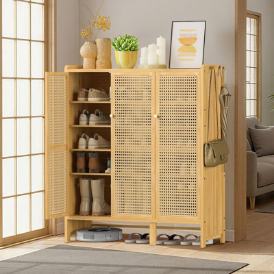 Bamboo Shoe Rack Shelf Organizer Shoe Cabinet With 4 Hooks And 6 Shelves And 3 Doors