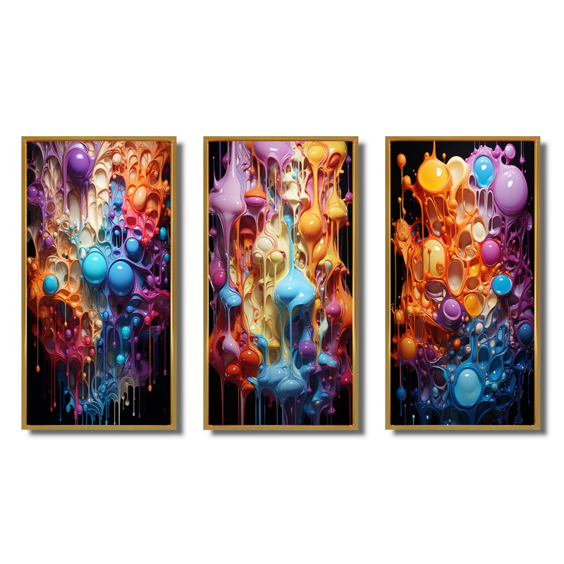 «Blue and Orange Abstracted Realities», 3 pièces sur toile, Cadre flottant doré, H 32 po x l 48 po