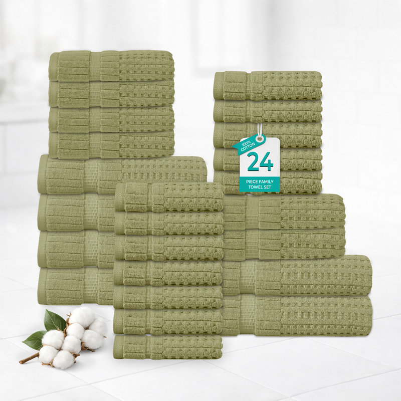 Willow 24 Pieces Towel Set – 100% Combed Cotton, Premium Quality 630 GSM, Green, Ultra-Soft & Highly Absorbent (6 Bath, 6 Hand, 12 Wash Towels set)