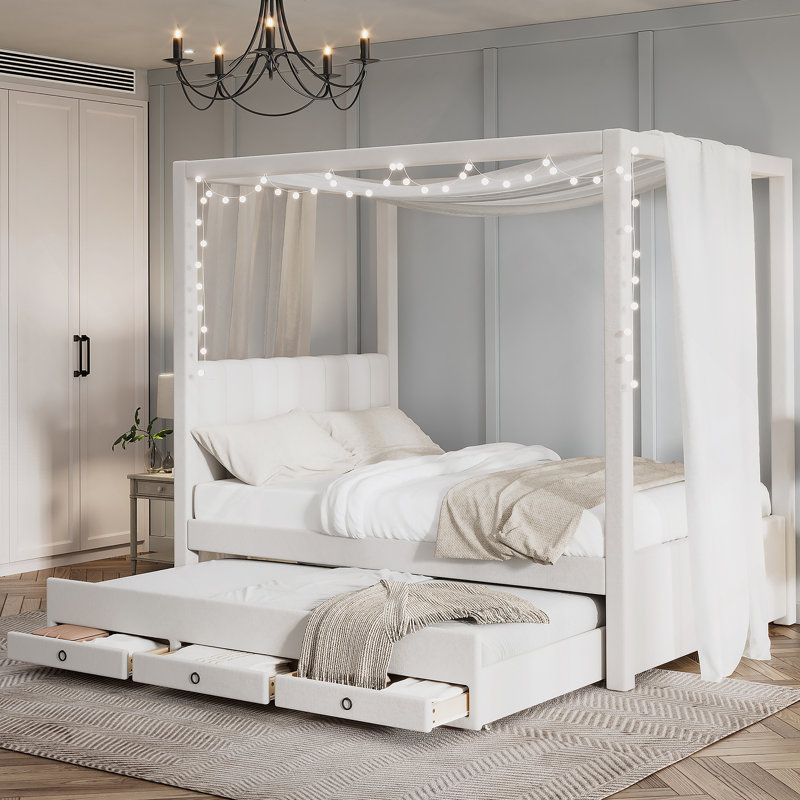Upholstery Canopy Platform Bed with Trundle and Three Storage Drawers, Beige, Full