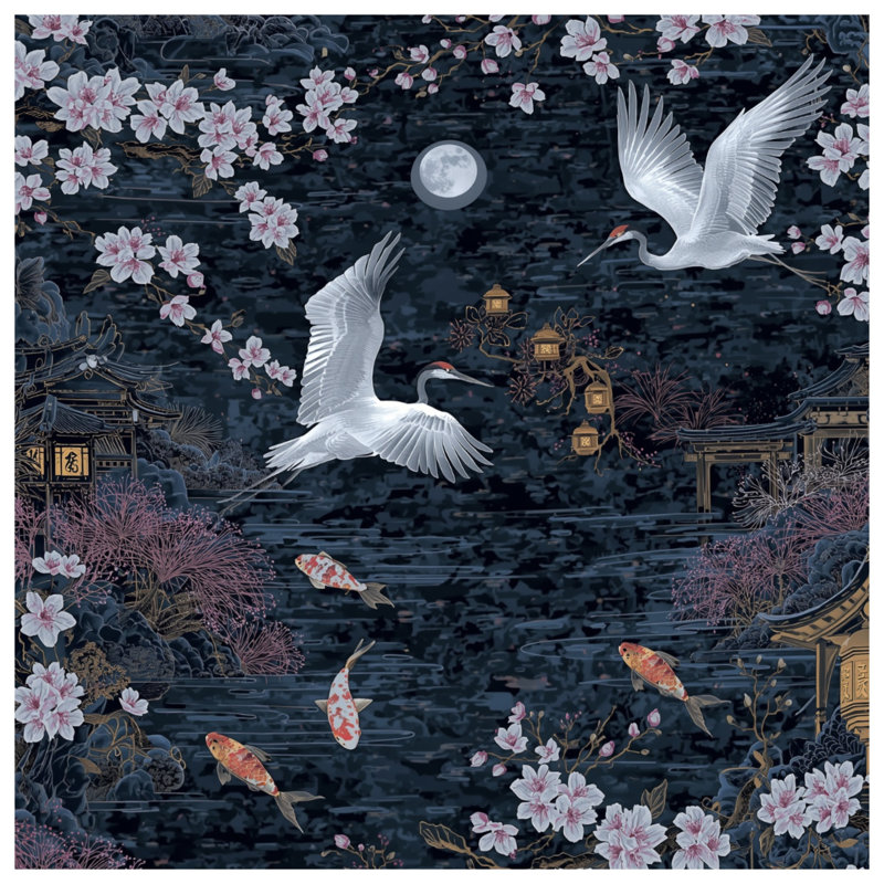 Coussins décoratifs Cranes Cherry Blossoms Moon, 26 x 26 pouces