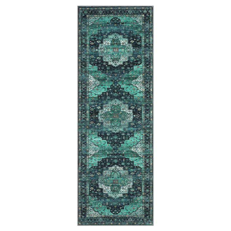 Machine Washable Area Rug Vintage Area Rugs Non Slip Backing Distressed Carpet for Living Room Kitchen Entryway, Teal