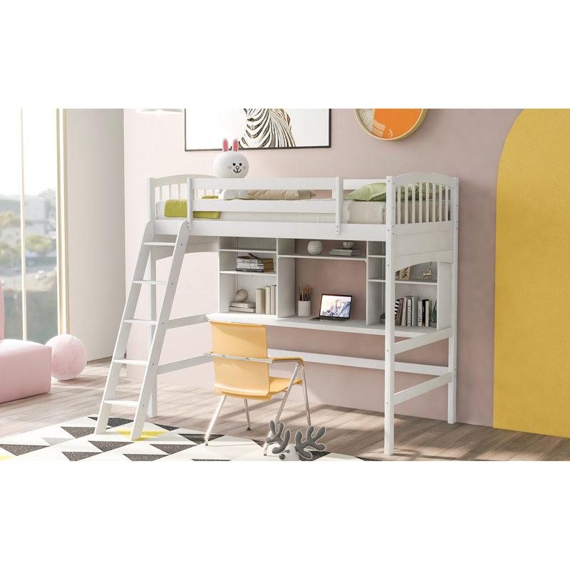 Lit mezzanine simple avec rangement polyvalent et options de bureau pour une chambre à coucher personnalisée - tablettes blanches. Optimisez l'espace. Structure en bois durable. Pour plus de 6 ans. Aucun sommier requis