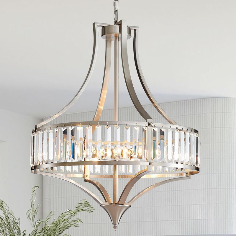 Modern Crystal Chandelier With Adjustable Height, 6-Light Brushed Nickel Fixture For Dining Room, Kitchen, Bedroom, Hallway, And Foyer