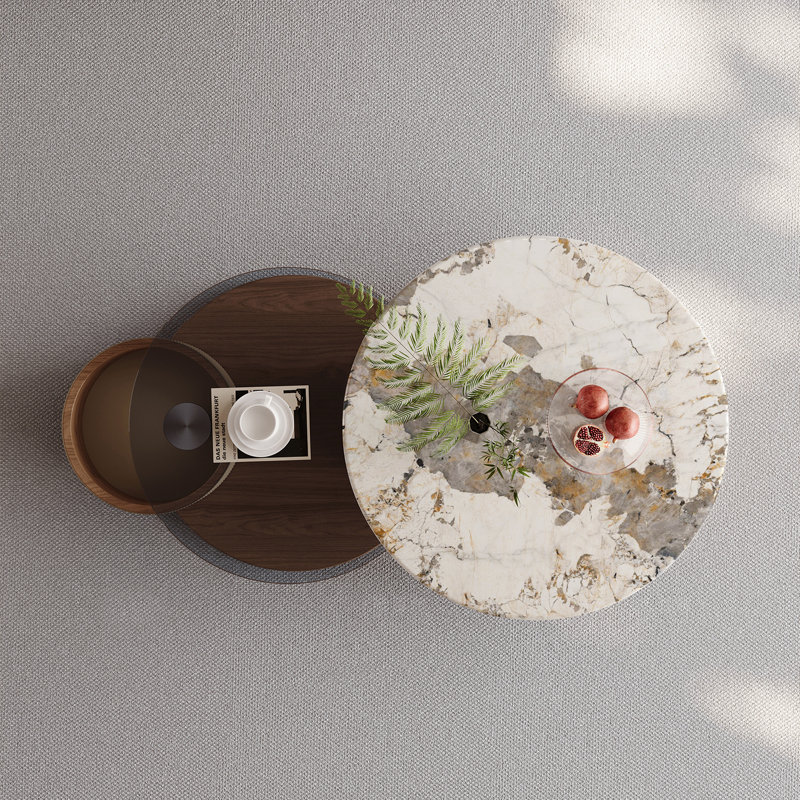 2-Piece Rotating Nesting Coffee Table Set with Sintered Stone Top and Glass Table with Hidden Drawer
