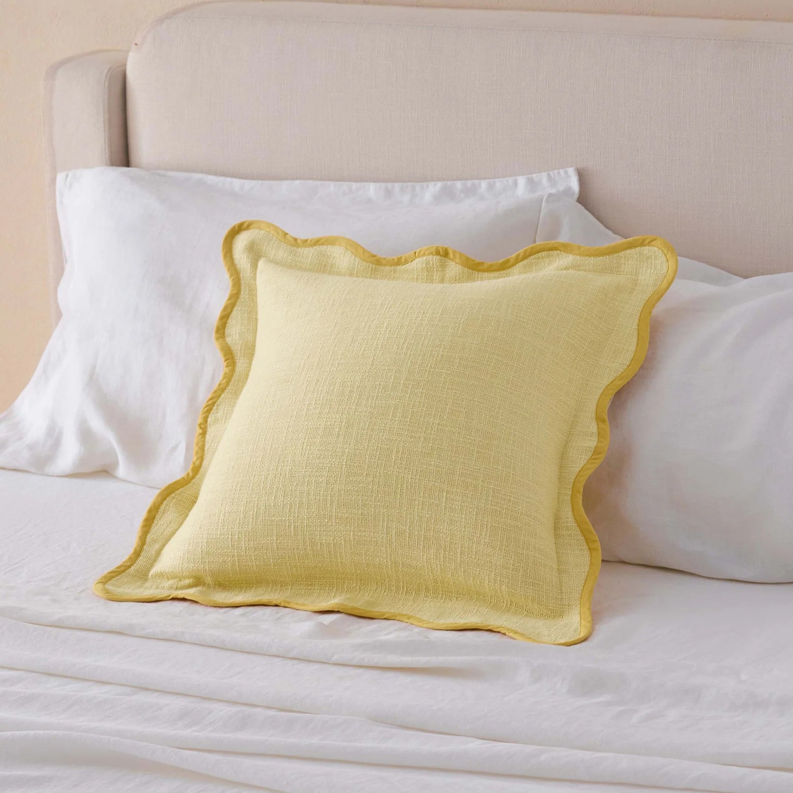 Cotton Scalloped Throw Pillow Cover, Lemon Yellow