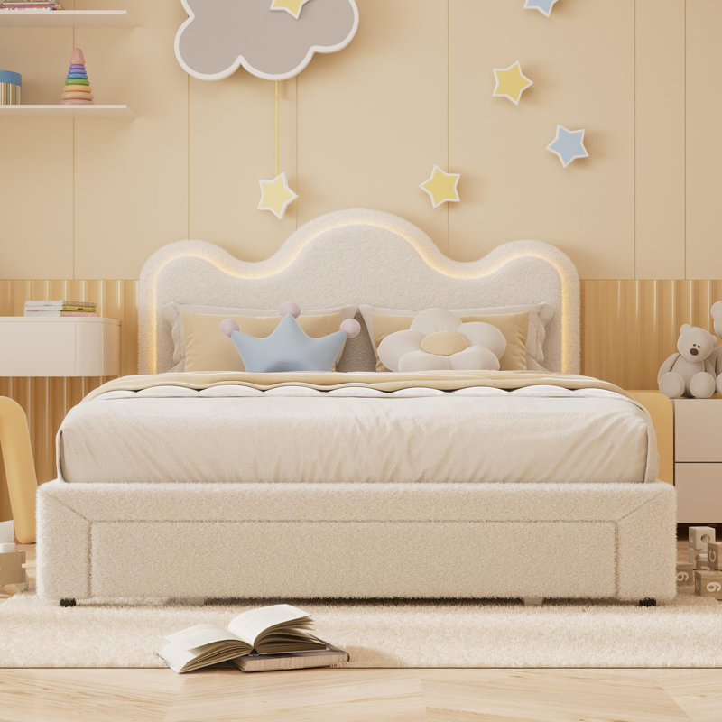 Boucle Bed Frame with Flower Headboard Upholstered Princess Bed Frame, White, Queen