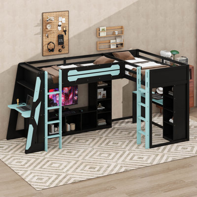 Lit mezzanine en L avec bureaux, lit mezzanine double avec lumières DEL, ports USB, tablettes de rangement