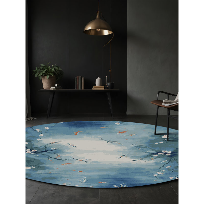 Tapis bleu lavable à la machine, Rond 5 pi