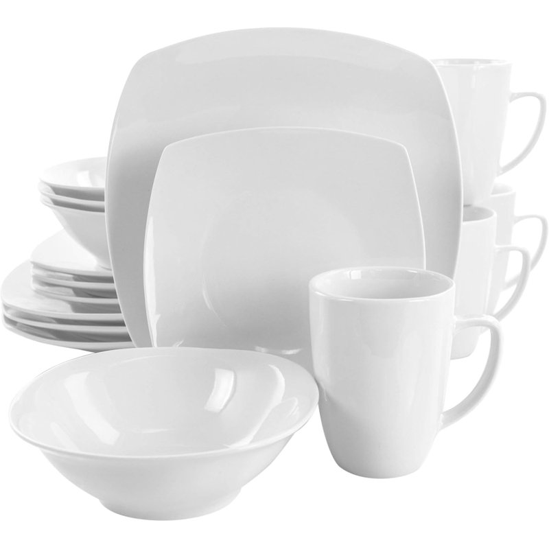 Service de table en porcelaine 16 pièces pour 4 personnes, carré doux, allant au micro-ondes et au lave-vaisselle