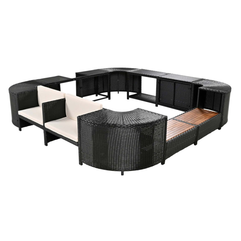 Spa Surround Rattan Sectional Sofa Set With Mini Sofa, Wooden Seats, And Storage Spaces For Flexible Outdoor Arrangements, Cream