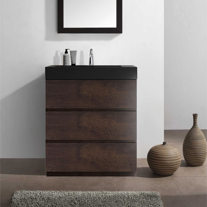 Meuble-lavabo autoportant en noyer avec lavabo, Noir