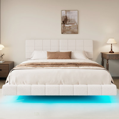 White Boucle Floating King Bed With Light, Combining Comfort And Futuristic Design For A Unique Sleeping Experience