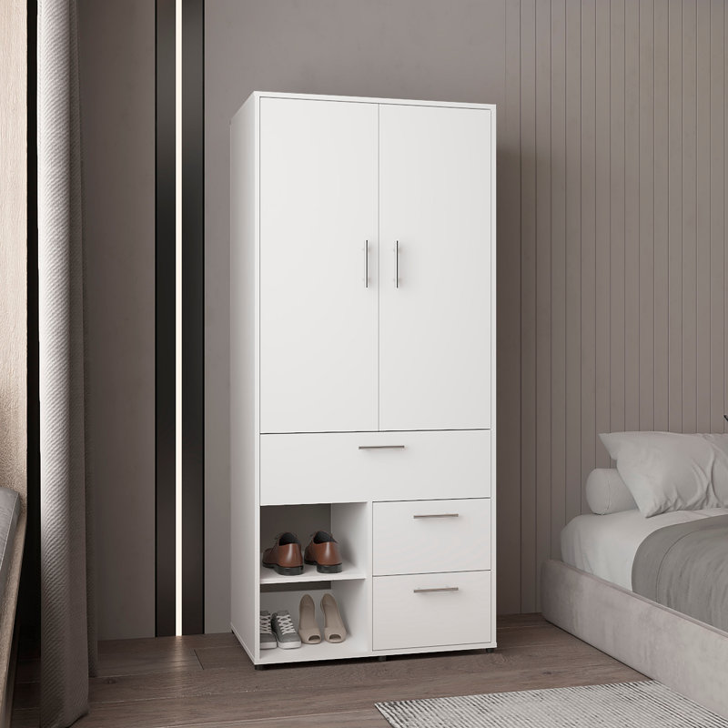 Armoire avec portes doubles, tringle suspendue et tablettes intérieures, garde-robe moderne autoportante, Blanc