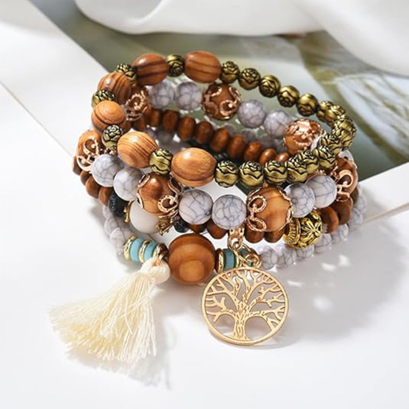 4 In1 Handmade Tree & Tassel Charms Beads Multilayer Bracelet Vintage Wrap Bracelet For Women Female, White