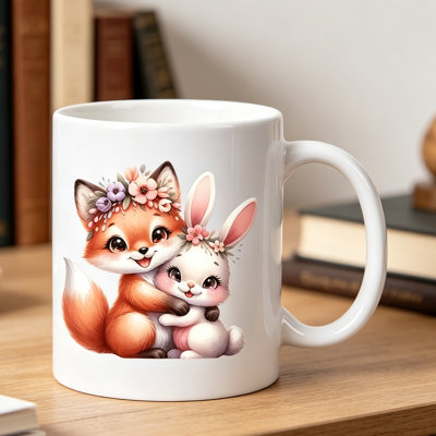 Charming Fox & Rabbit Ceramic Coffee Mug - Adorable Animal Design, Reusable & Hand-Wash Only - Perfect Gift for Coffee Lovers.