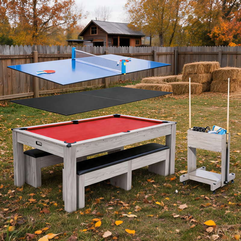 7FT 3-in-1 Convertible Pool Table Set – Billiards, Dining & Table Tennis – Multi-Game Table Includes Cues, Balls, Paddles, Net, Rolling Storage Caddy, Great for Home Game Rooms, Family Fun