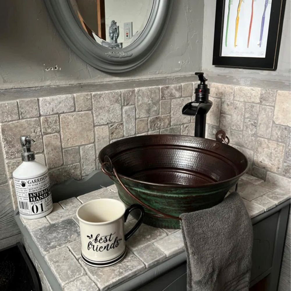 15" Round Copper Vessel Bath Sink Bucket with Green Patina Exterior, Drain Included SimplyCopper