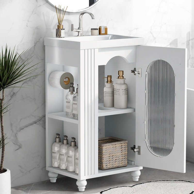 Meuble-lavabo de salle de bain avec lavabo, tablette à deux niveaux, tablette réglable, Blanc