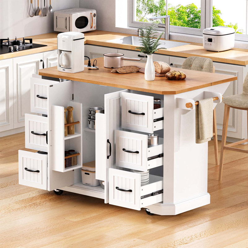 56 Inch Kitchen Island With Drop Leaf, Power Outlet, And Spacious Storage On Wheels, Perfect For Modern And Rustic Kitchens