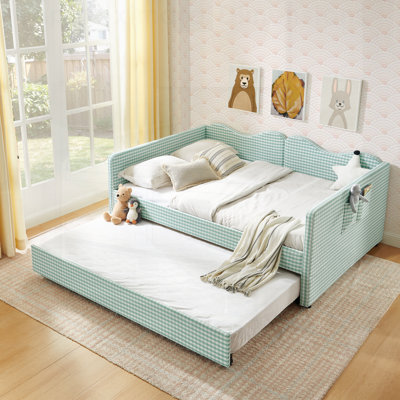 Lit de jour rembourré Gingham avec couchette coulissante, rangement latéral et structure en bois massif pour une utilisation multifonctionnelle dans les chambres d'enfants et d'invités