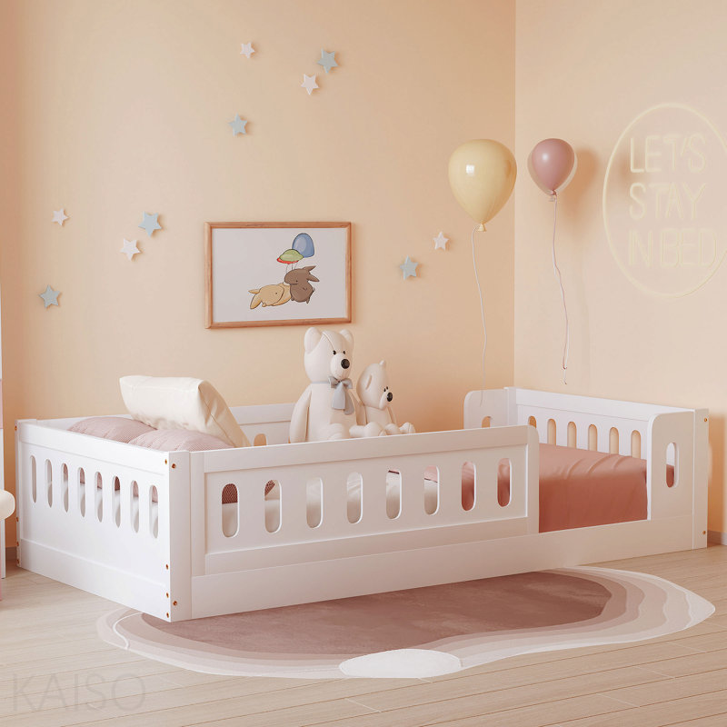 Lit plateforme simple en bois avec garde-corps, blanc, Lit simple, Blanc
