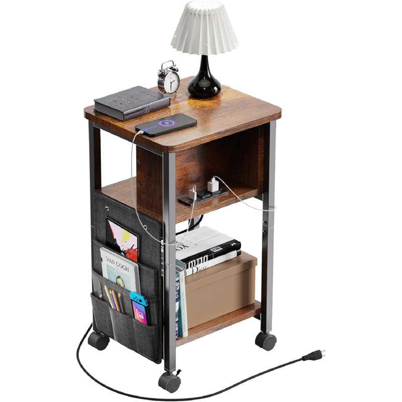 Petite table de bout avec chargeur, table d'appoint sur roulettes, table de chevet mobile avec ports USB, table d'appoint avec rangement pour petits espaces, salon, chambre à coucher, bureau, bureau à domicile