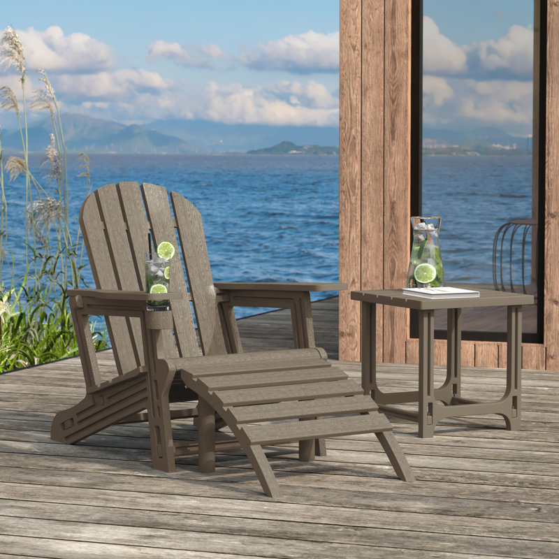 Outdoor Poly 3-Piece Set Adirondack Chair With Ottoman And Side Table, Tan