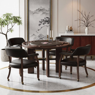 5-Piece Dining and Game Set – Convertible 48" Walnut Table with Folding Game Topper & 4 Black Faux Leather Chairs with Nailhead Trim, Ideal for Game Nights