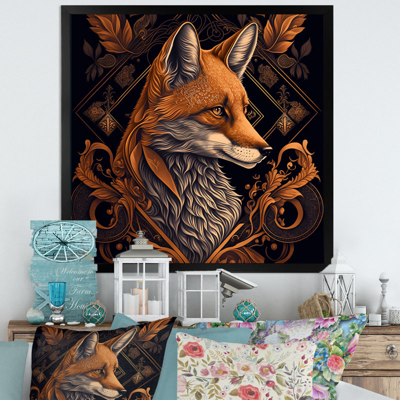 Décoration murale rétro renard I - animaux renard, Impression noire sur toile encadrée, H 16 po x l 16 po x P 1 po